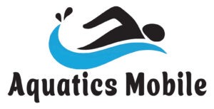 Aquatics Mobile logo, wave like image with a human figure swimming, text spelling aquatics mobile