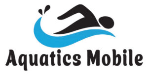 Aquatics Mobile logo, wave like image with a human figure swimming, text spelling aquatics mobile, please call us if yu need booking assistance at 602-541-2167
