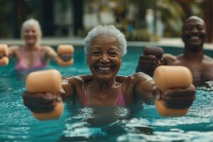 Woman happy swimming in pool.