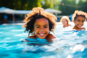 Little girl smiling and swimming in pool