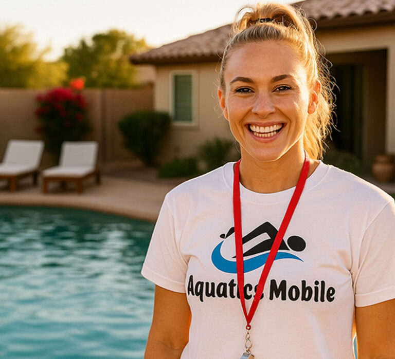 Instructor smiling at home pool - mobile aquatics