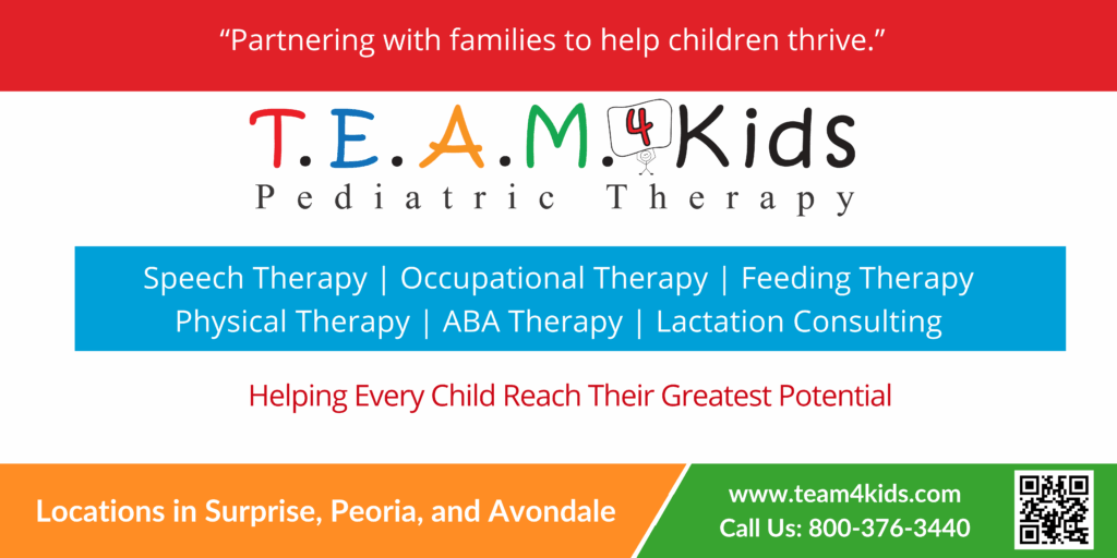 Team Kids, Pediatric Office Flyer, displays their contact information and website, they have multiple Arizona locations