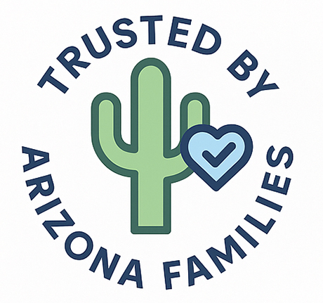 Image of cactus, with heart, and check mark icon, words around cactus - trusted by arizona families